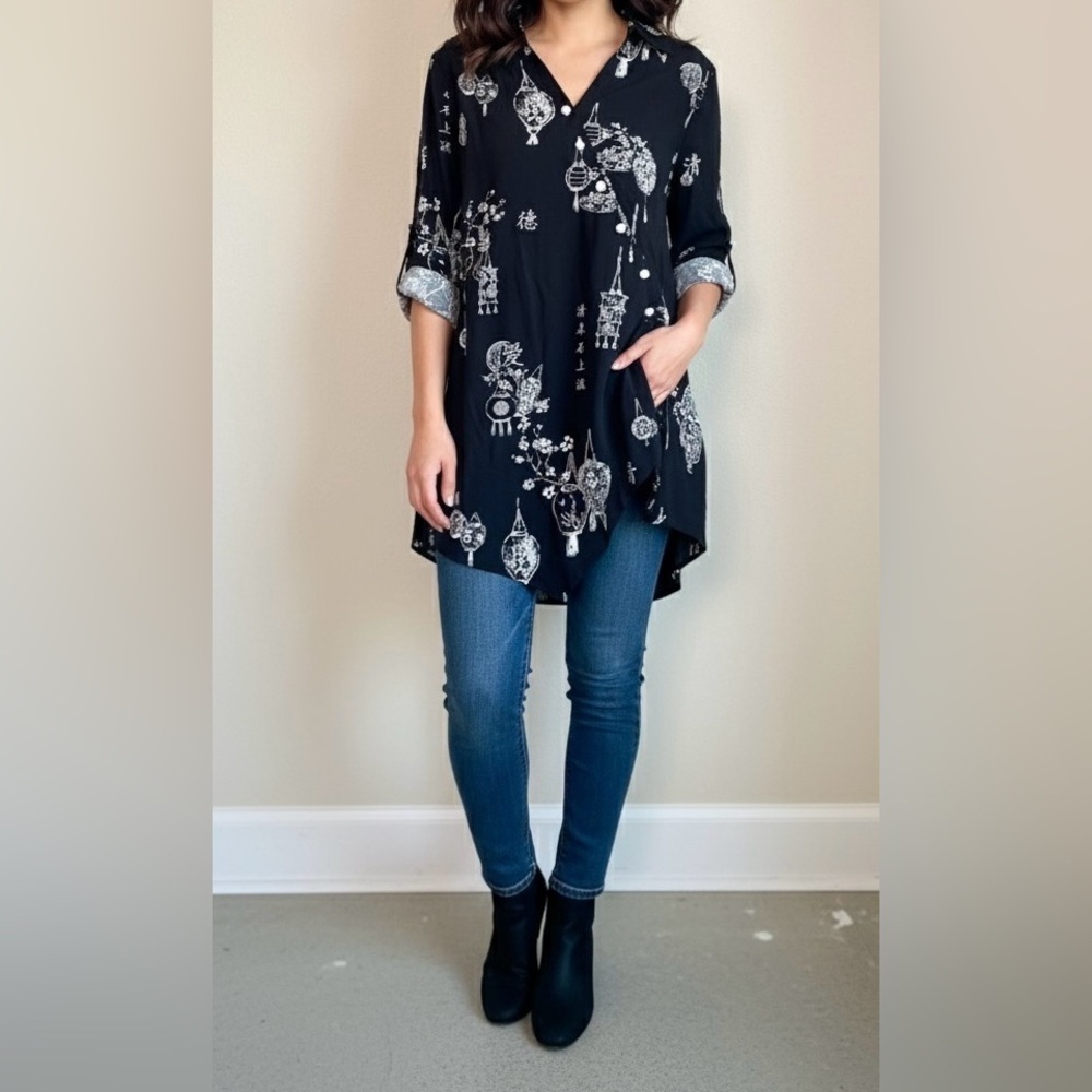 NWT Soft Surroundings Pagoda Lantern Print Heavenly Soft Tunic Blouse M